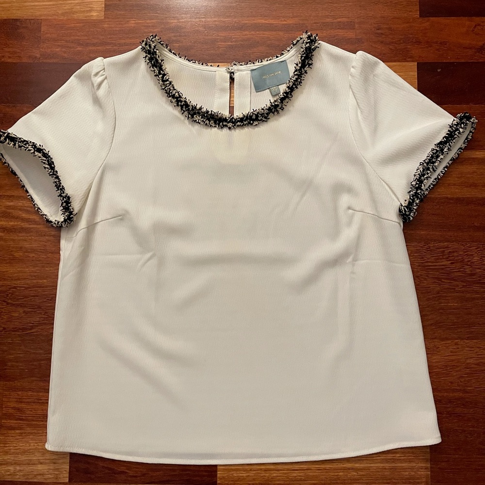anthropologie cream blouse w fringe detail, size M